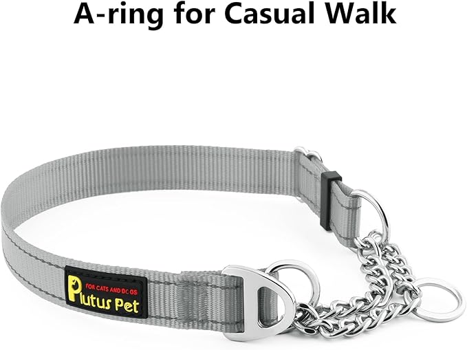 Plutus Pet Martingale Dog Collar with Stainless Steel Chain and Reflective Nylon, Adjustable No Pull Training Collar, for Small Medium, and Large Dogs, Gray, S