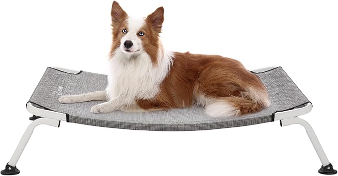 Veehoo Elevated Dog Bed for Outdoor, Cooling Waterproof Raised Dog Cots Beds for Medium Dogs, Curved Off Ground Pet Hammock Cot Lifted for Outside, up to 65lbs, White Legs, Black Silver 32"