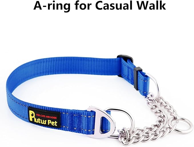 Plutus Pet Martingale Dog Collar with Stainless Steel Chain and Reflective Nylon, Adjustable No Pull Training Collar, for Small Medium, and Large Dogs, Royal Blue, M