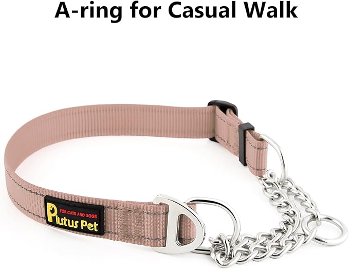 Plutus Pet Martingale Dog Collar with Stainless Steel Chain and Reflective Nylon, Adjustable No Pull Training Collar, for Small Medium, and Large Dogs, Beige, L