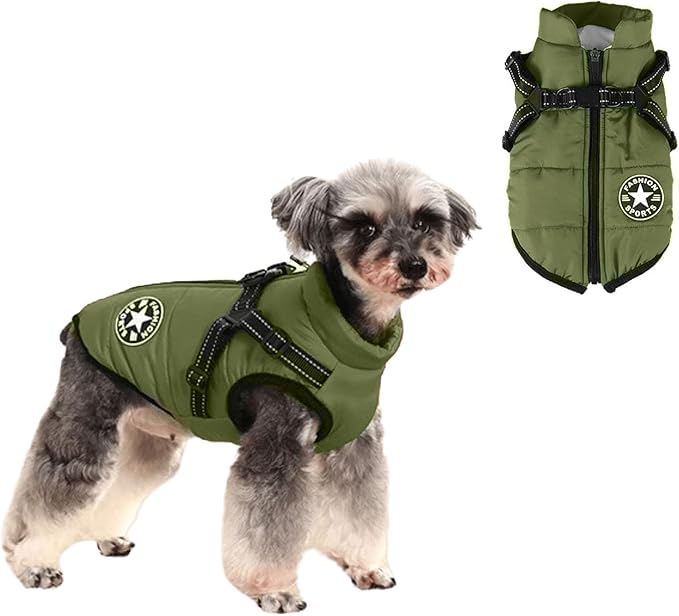 HDKUW Small Dog Jacket, Small Dog Coat Harness Winter Warm Vest Jacket Waterproof Cotton Costume for Puppy Small Dogs (2XL, Green)