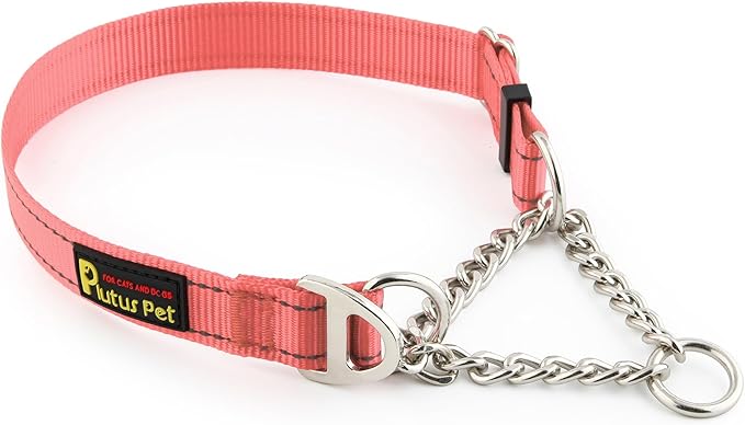 Plutus Pet Martingale Dog Collar with Stainless Steel Chain and Reflective Nylon, Adjustable No Pull Training Collar, for Small Medium, and Large Dogs, Pink, M