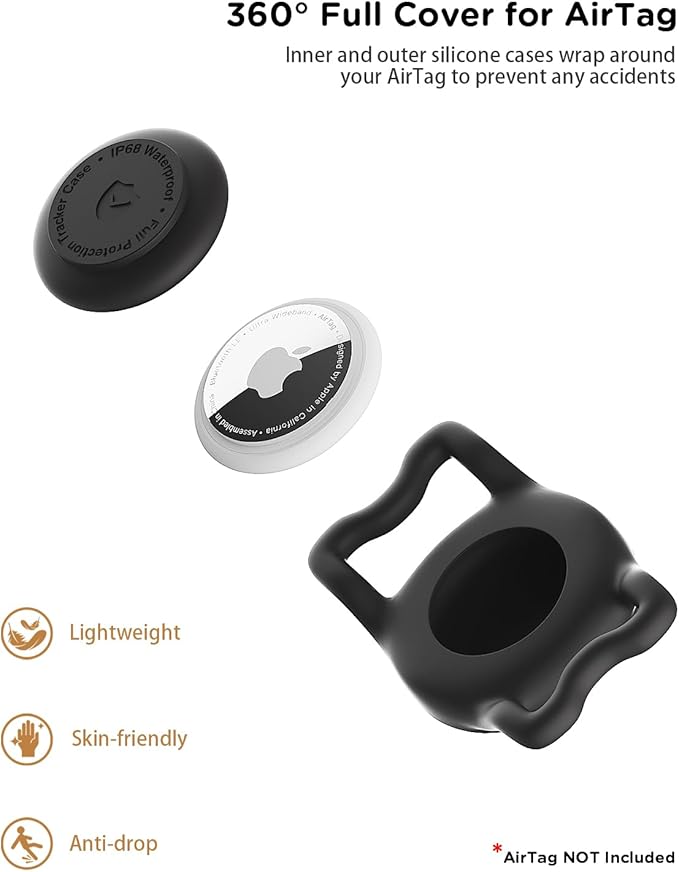 IP68 Waterpoof Dog Airtag Holder, Stretchy Silicone Full Body Covered Apple Air Tag Holder for Dog Cat Collar Fit All Width Collar (2* Black, 2 Pack)
