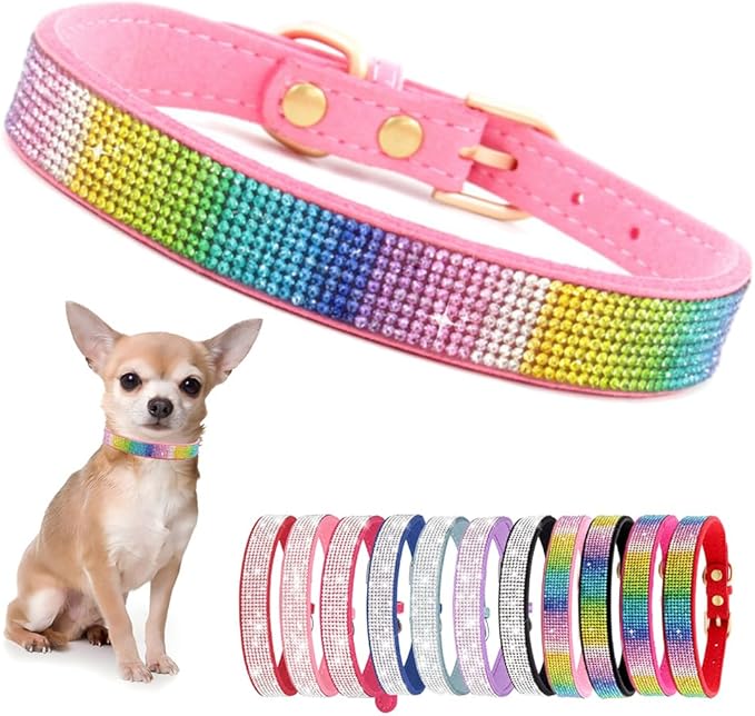 Rhinestone Dog Collar for Small Dogs, Bling Diamond Fancy Crystal Glitter Pretty Jewel Pet Puppy Collars for XXS XS Small Medium Large Breed Girl Dogs Female Cats Kitten, Colorful Pink M