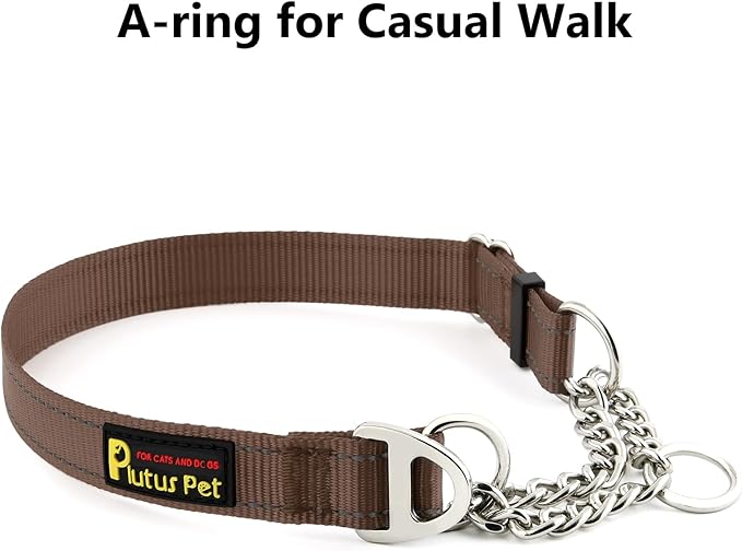 Plutus Pet Martingale Dog Collar with Stainless Steel Chain and Reflective Nylon, Adjustable No Pull Training Collar, for Small Medium, and Large Dogs, Chocolate, M