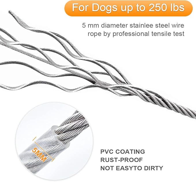 Tresbro 30FT Reflective Tie Out Cable for Dogs Up to 250 Pounds, Steel Wire Lead Leash Cable with Stainless Dual Fix Buckle, Lightweight and Enduring, Outdoor Dog Chains for Outside,Yard,Camping
