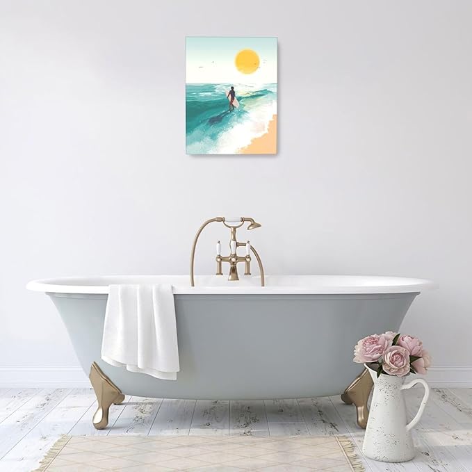 Beach Surfing Wall Art Ocean Coastal Wave Canvas Wall Decor Summer Nature Seascape Pictures Painting Print Framed Artwork Decorations for Bathroom Living Room Office Bedroom 16"x20"