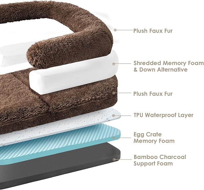 EHEYCIGA Foldable Human Dog Bed, Orthopedic Memory Foam Human Sized Dog Bed, Waterproof Pet Bed for People, Faux Fur Pet Couch for Adult, Brown, 72"x44"x11"