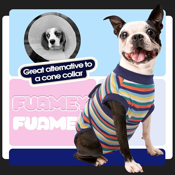 FUAMEY Recovery Suit for Dogs After Surgery,Soft Breathable Dog Bodysuit E-Collar & Cone Alternative Surgical Suit,Male Female Dog Neuter Spay Suits Anti Licking Wounds Onesie Dark Blue Stripes L