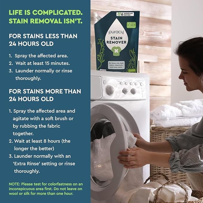 Puracy Stain Remover Cleaning Spray Refill - Enzyme-Powered Stain Remover Spray As Seen on TikTok, Natural Travel Spot Removal for Clothes (Unscented, 48 fl oz)