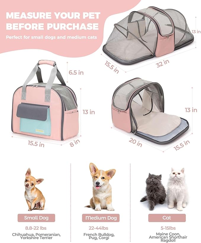 Expandable Pet Carrier Backpack, Cat Carrier Backpacks with Breathable Mesh for Cats Small Dogs Puppies Up to 25 Lbs Airline Approved Waterproof Travel Carrier with Safety Buckle for Hiking & Flights