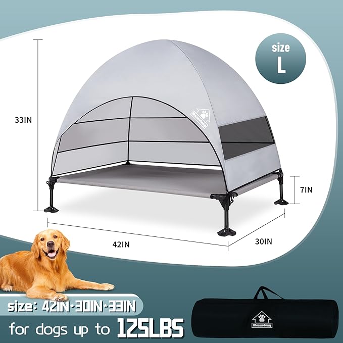 Elevated Outdoor Dog Bed with Canopy & Adjustable Feet - Larger Shade for Camping, Backyard & Patio
