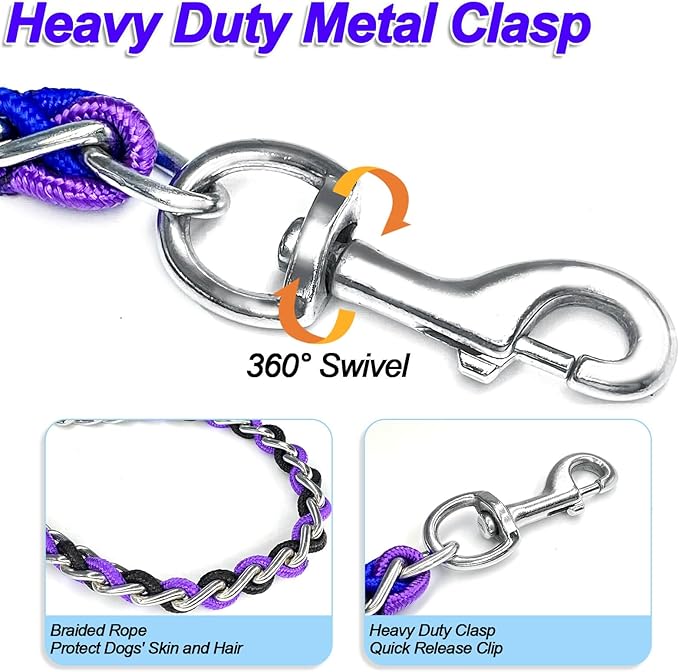 Dog Leash Rope Chain, Nylon Rope Metal Chain for Pet Leads. 6ft Heavy Duty Chew Proof Training Walking for Medium Large Dogs. (Large, Purple&Black)