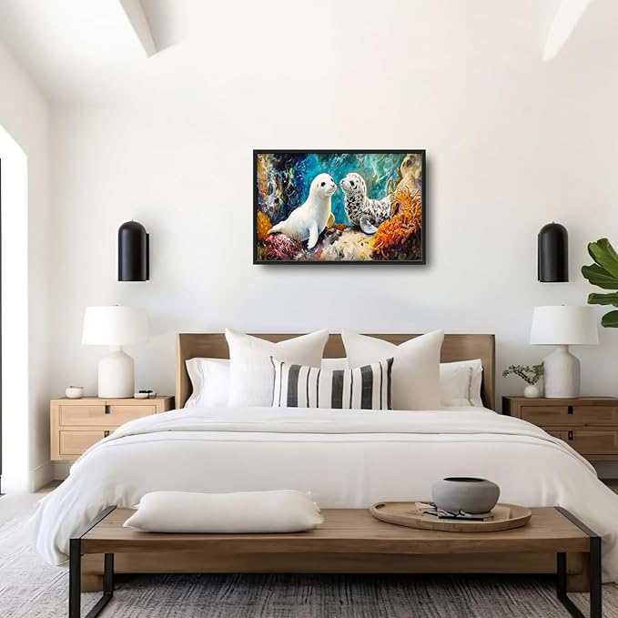 Extra Large Seal Framed Wall Art for Living Room,Oversized Underwater Animal Pictures Wall Decor,Ocean Coral Reef Canvas Print Painting Modern Artwork Bedroom Office Bathroom 36L" x 24W"