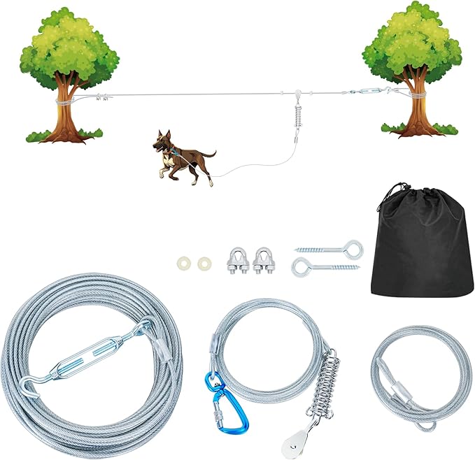 75ft Dog Runner for Yard Large Dog Heavy Duty with Double Shock Absorbers Tangle-Free Aerial Trolley System for Large Dogs Up to 250lbs(Silver)