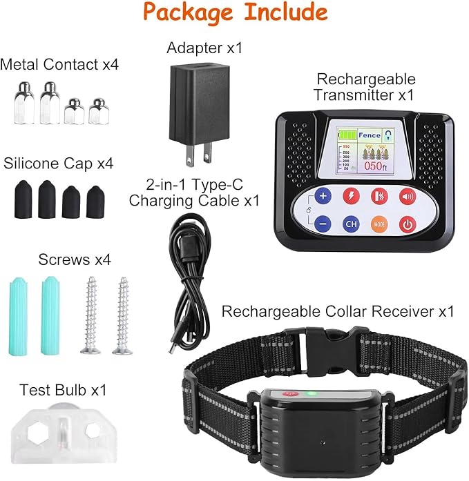 Wireless Dog Fence, 2024 Pet Boundary Containment System, Electric Dog Fence & Remote Training Collar 2in1, Adjustable Vibration & Shock, IP65 Waterproof Collar for Large and Medium Dogs ,for1dog