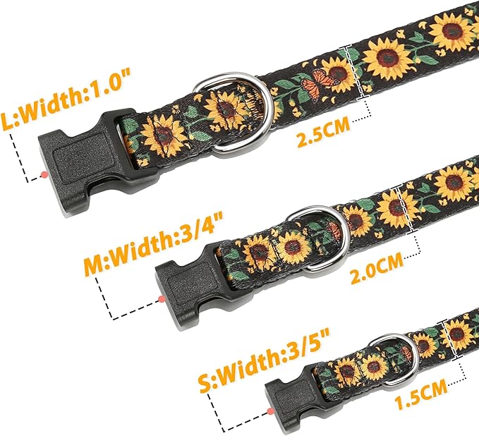 HEELE Dog Collar, Adjustable Soft Dog Collar for Small Medium Large Dogs,Sunflower Floral Patterned Puppy Collars with Quick Release Buckle Sunflower Black L Length 15.94''-25.59'