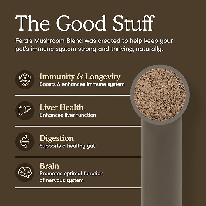 Fera Pets Mushroom Supplement for Dogs & Cats with Turkey Tail - USDA Organic - Cognitive and Immune Support - Enhances Liver Function - Supports a Healthy Gut - Powder - 120 Scoops