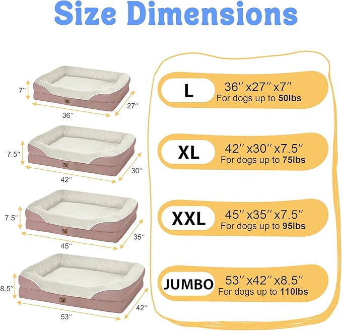 Orthopedic Washable Large Dog Bed - Removable Orthopedic Foam Dog Beds with Bolsters Waterproof Large Dogs Bed and Non-Slip Bottom