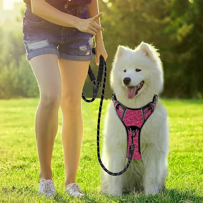 BARKBAY Dog Harness No Pull with ID Tag Pocket - Heavy Duty, Reflective, Easy Control for Large Dogs(Pink/Black,XL)