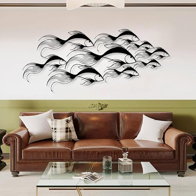 School of Fish Metal Wall Art, Metal Fish Wall Decor, Sea Life Wall Art, Large Nautical Wall Hanging, Modern Beach House Wall Decor, Ocean Themed Artwork for Bathroom (Silver, 35"x15" | 90x38cm)