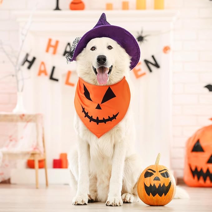 Newwiee 50 Pcs Halloween Dog Bandanas Bulk Pumpkin Dog Bandanas for Dogs Bibs Triangle Dog Scarf Dog Kerchief Set Orange Dog Bandanas for Halloween Pet Costume Accessories Decoration