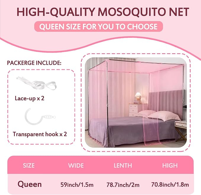 4 Corners Pink Rectangular Mosquito Net for Bed Mosquiteros para Camas Bed Netting Canopy Mosquito Mesh for Camping Outdoor Travel Dormitory Home Bedroom Decor L79 X W59 X H71 Inch
