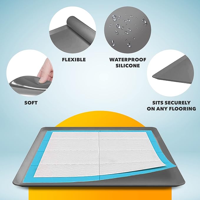 TidyFriend Dog Pee Pad Holder Tray Fits for 24” x 24” Wee Wee Pee Pads - Stable Grip, Raised Edges, Quick-Wipe Silicone Surface Dog Potty Tray Holder for Indoor Flooring Protection (Dark Grey)