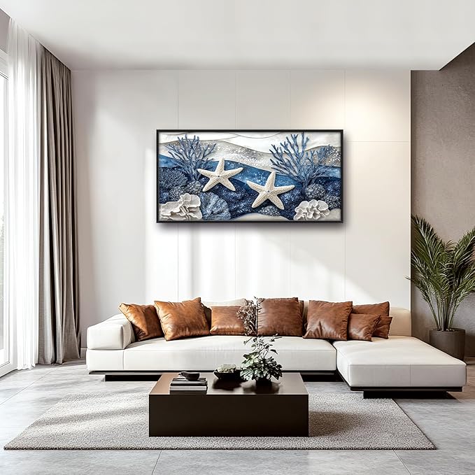 Large Starfish Nautical Wall Art for Living Room, Ocean Canvas Oversized Wall Decor, Sea Animal Modern Framed Pictures Painting Print Artwork for Bedroom Office 60"L x 30"W