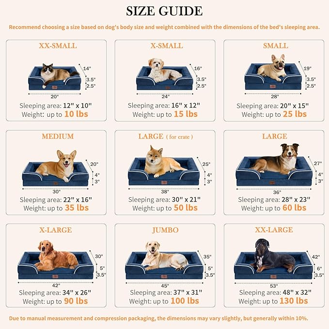 Comfort Expression Large Dog Beds, Waterproof Dog Beds Orthopedic Foam, Dogs Sofa Comfy Pet Beds with Washable Removable Cover & Non-Slip Bottom(Large,Navy Blue)