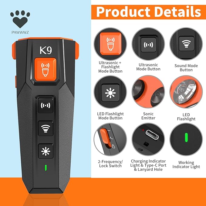 K9 Dog Bark Deterrent – Safe & Effective Ultrasonic Anti-Bark Device for Dogs, Non-Harmful, No Shock, Humane Training Tool for Dogs. Rechargeable 2-in-1 Training Tool with LED Flashlight.