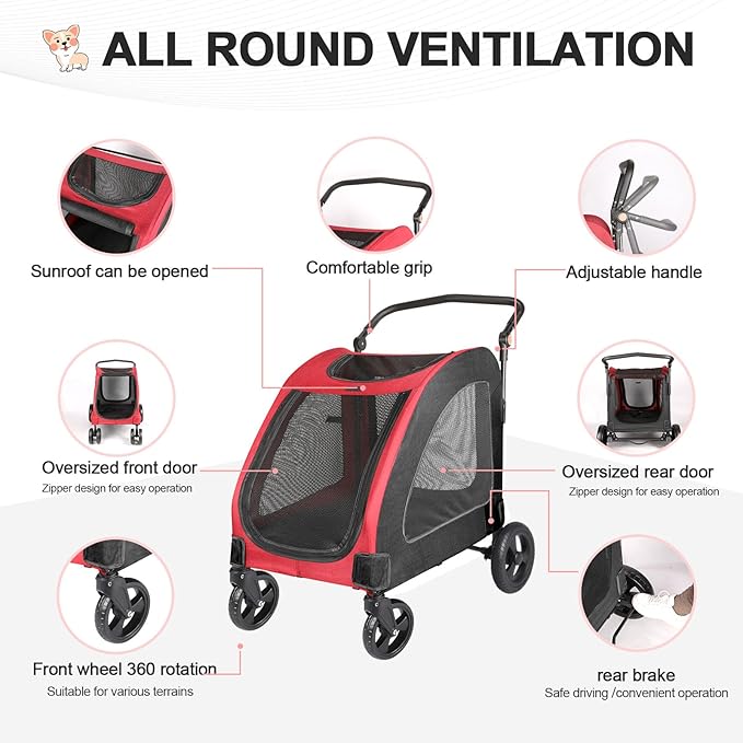 Large Dog Travel Stroller with 4 Heavy Duty Wheels Pet Stroller with Adjustable Handle - Double Doggie Capacity Jogger Wagon with Back Front Door for Small Medium Large Dogs (Red-Black)