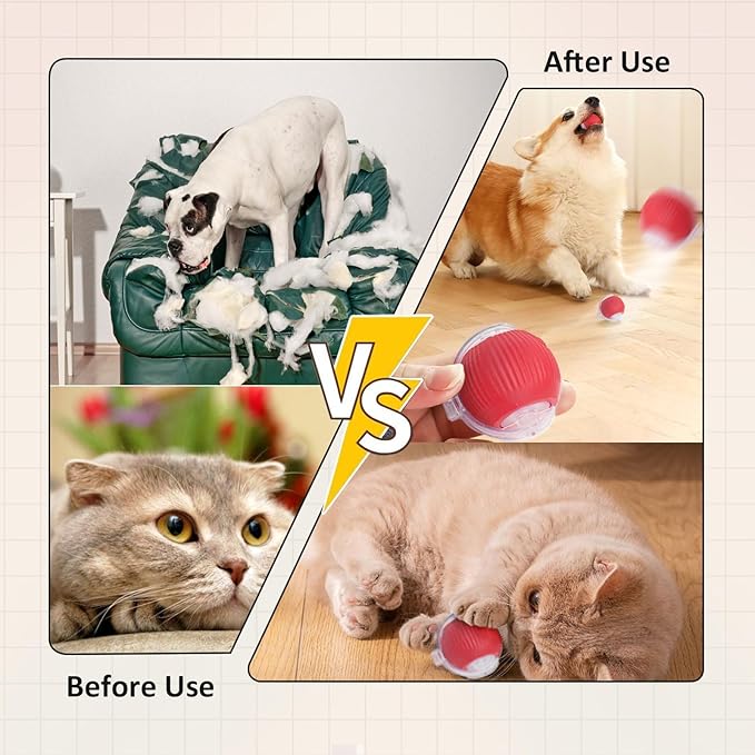 Interactive Cat Toys for Indoor Cats, 360° Smart Automatic Kitten Toys Self Rolling Pet Ball, Moving Dog Cat Ball with Mesh Tail for Bored, USB Rechargeable (Red)