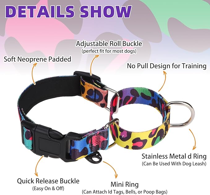 KOOLTAIL Martingale Collar for Dogs, Soft Padded Nylon Heavy Duty Dog Collar for Small Medium Large Dogs, Adjustable No Pull Durable Wide Puppy Training Collar with Pattern Design for Boys Girls, M