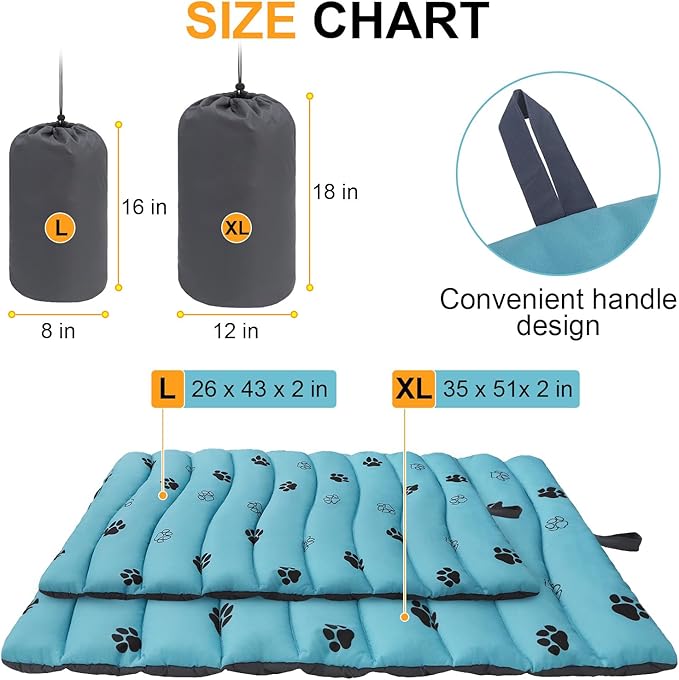 BEAUTYZOO Outdoor Dog Bed Waterproof, Camping Dog Bed Reversible, Portable Travel Bed with Carry Bag- Machine Washable, Durable, Foldable Outdoor Pet Bed Mat for Medium Large Dogs, 35” x 51“ Blue