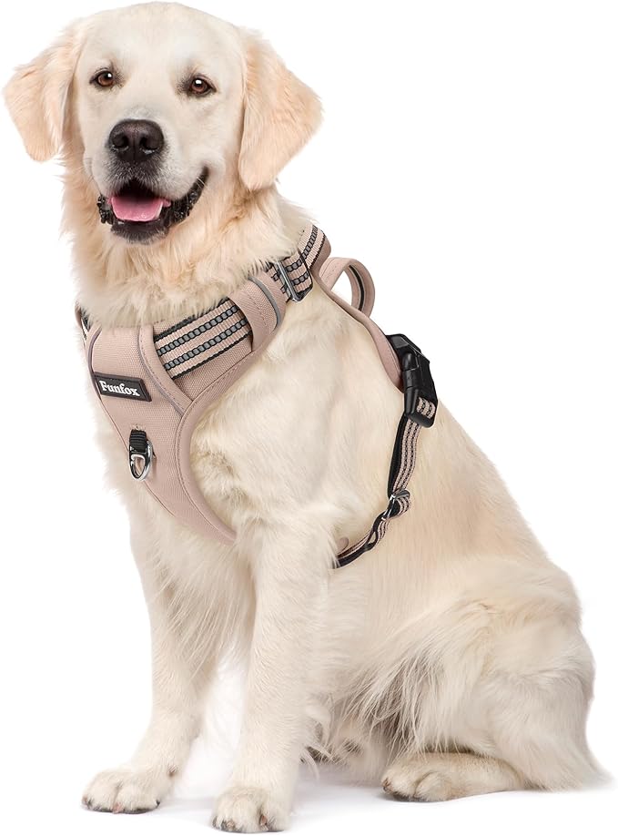 Funfox Dog Harness No Pull, Adjustable Pet Vest Harness, Super Soft Material with Vertical Handle Easy Control, Reflective Night Walking, 2 Leash Clips for Large Dogs, Brown, L