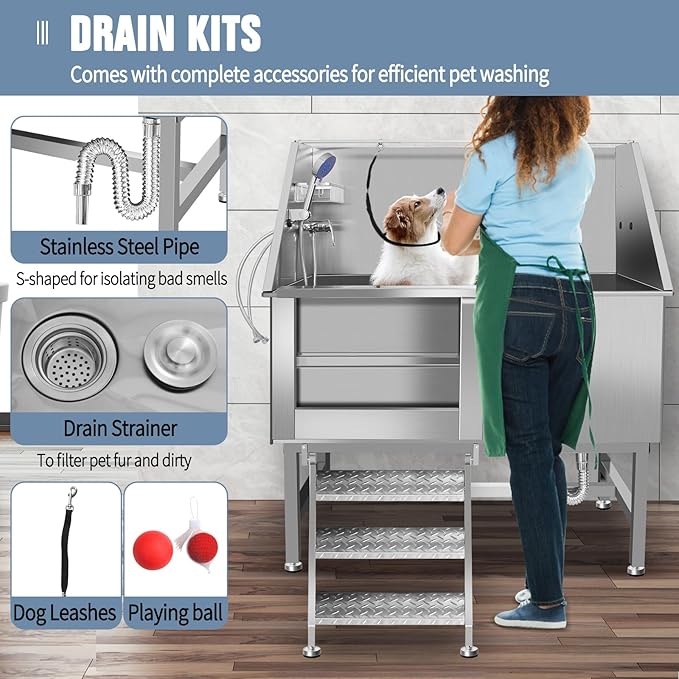 50" Pet Dog Bathing Station W/Ramp, Professional Stainless Steel Dog Grooming Tub W/Soap Box, Faucet,Rich Accessory, Dog Bathtub for Large,Medium,Small Pets, Washing Sink for Home (50" Left ramp)
