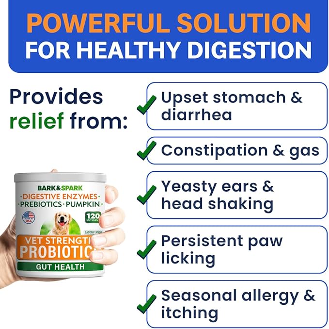 Bark&Spark Vet Strength Dog Probiotics Chews & Digestive Enzymes for Allergies Itchy Skin - Dogs Digestive Health - Gas, Diarrhea, Constipation Relief Pills - Prebiotics for Dogs Gut Health (120 Ct)