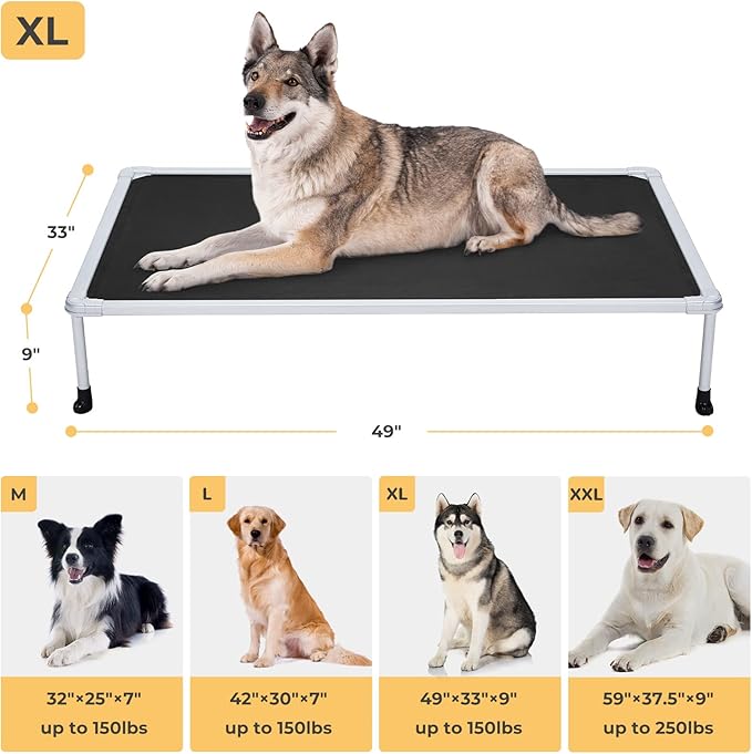 Veehoo Chewproof Elevated Dog Bed - Cooling Raised Pet Cot, Breathable Mesh, Washable & Non-Slip for Large Dogs, Indoor/Outdoor, Black Mat and Silver Metal Frame, 49x33inches (Model CWC2203B03)