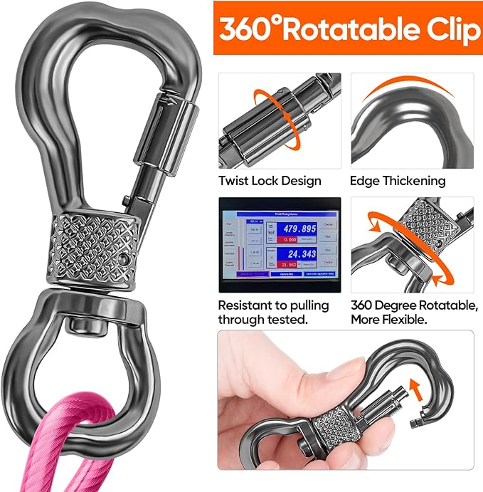 Tresbro 30FT Reflective Tie Out Cable for Dogs Up to 250 Pounds, Steel Wire Lead Leash Cable with Stainless Rotatable Buckle, Lightweight and Enduring, Dog Chains Outside for Outdoor, Yard, Pink