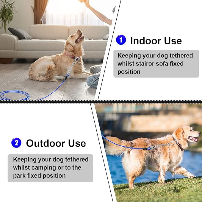 Jenico Dog Tie Out Cable, 10/15/20/30/40/50/70/100/150FT Runner Cable with Swivel Hook and Shock Spring, Yard and Camping Dog Leash Run Tether, Up to 500 LBS