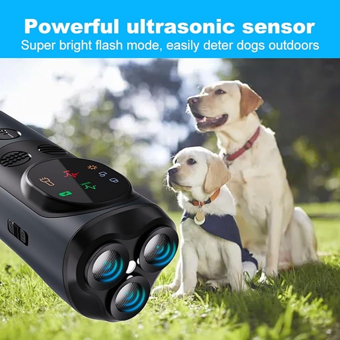 Ultrasonic Dog Bark Deterrent Device with LED Flashlight & Rechargeable Battery, 20ft Range Anti Barking Control for Indoor/Outdoor Use, Safe Alternative to Shock Collars（Three-Headed）