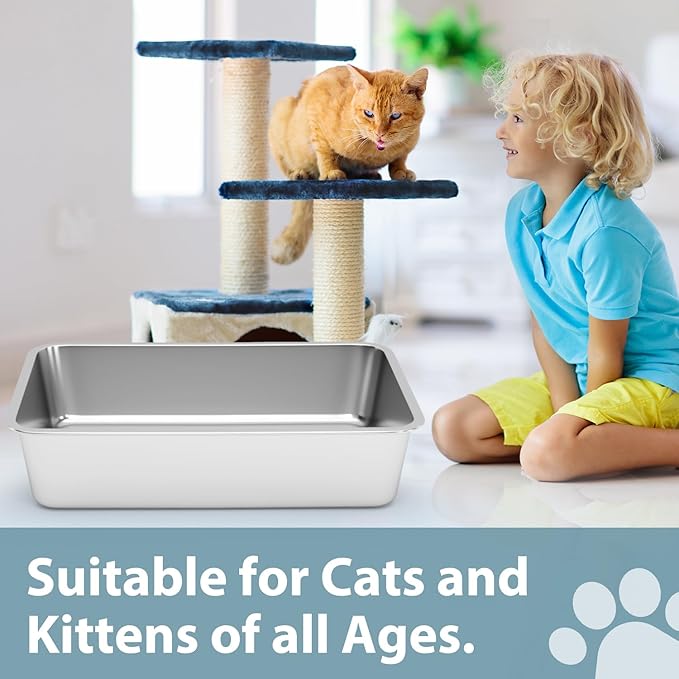 Stainless Steel Cat Litter Box - Litter Box for Cats - Easy to Clean, Never Absorbs Odor, Stains, or Rusts - Silver (17.7" L x 13.5" W x 4" H)