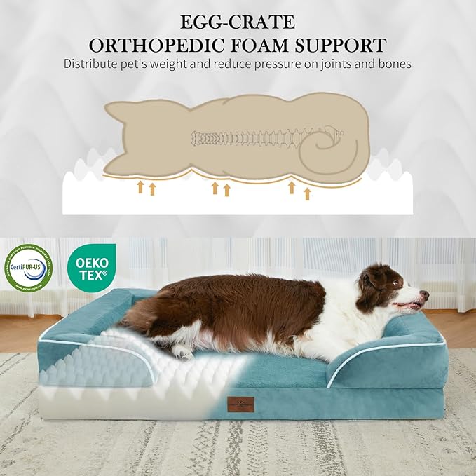Comfort Expression Large Dog Beds Waterproof Orthopedic Foam Dog Sofa Beds Comfy Pet Bed with Washable Removable Cover & Non-Slip Bottom(Large,Washed Blue)