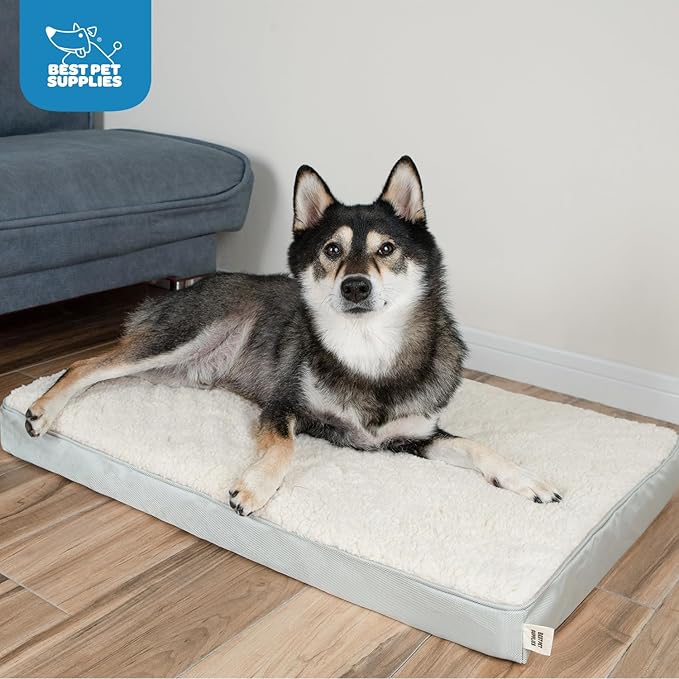 Best Pet Supplies Cute Dog Crate Mat Flat Bed with Waterproof Exterior, Thick Orthopedic Egg Foam Mattress, and Soft Sherpa Fleece Cover for Small, Medium, and Large Breeds - Beige, 35X22X4
