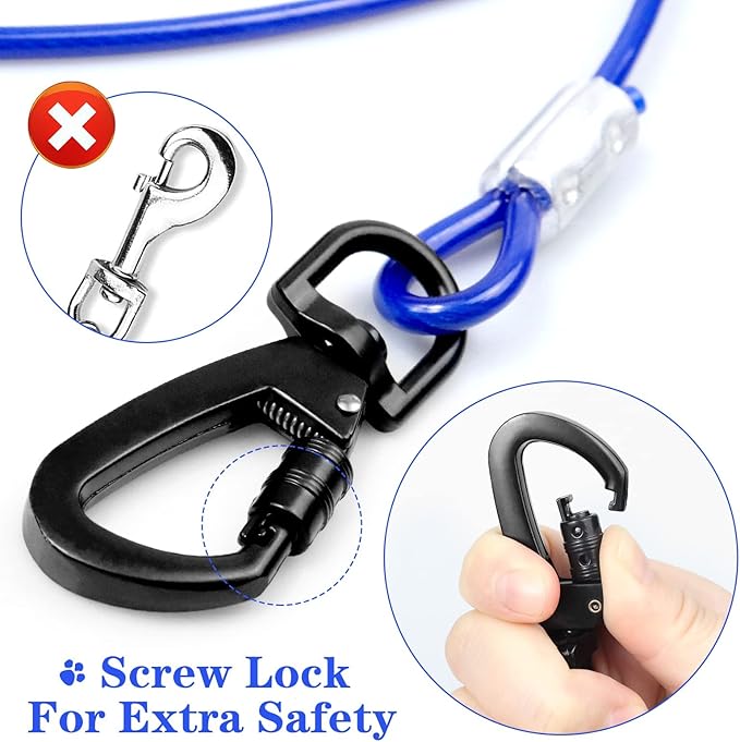 Tie Out Cable for Dogs, 15FT Lead for Yard Chew Proof, Heavy Duty With Superior Carabiner Clip for Large Dogs Up to 250lbs, Durable Runner for Yard or Camping