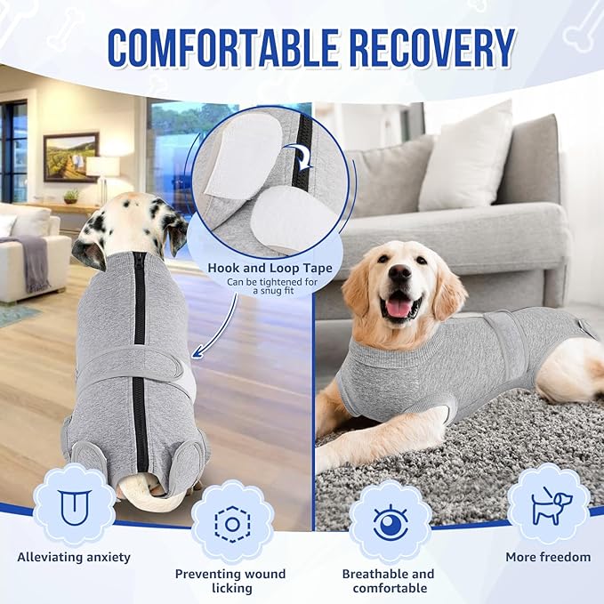 Lukovee Recovery Suit for Dogs, Zipper On Recovery Suit for Female Male Dog, Onesie Abdominal Wounds Cone E-Collar Alternative Prevent Licking Spay Recovery Suit (3XL, Grey)