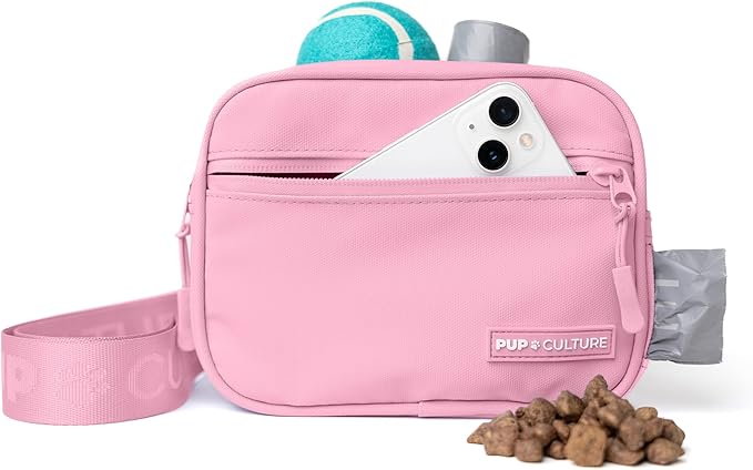 Pup Culture Cross Body Training Treat Pouch | Removable for Anytime Puppy Training | Built-in Poop Bag Dispenser & Used Bag Holder | Stylish Pink Dog Pouch