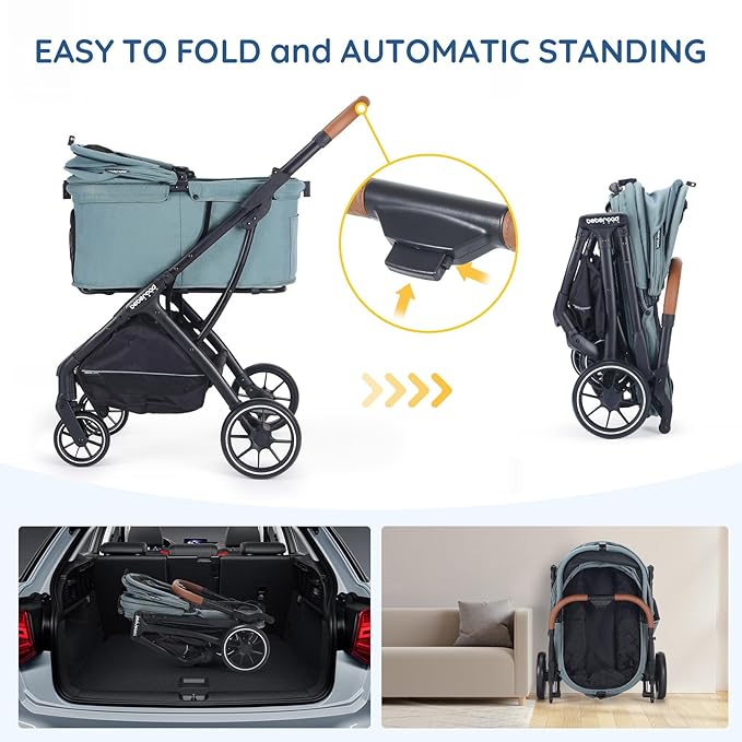 T5 Luxury Pet Stroller for Medium Dog Under 60lbs or 2 Small Dogs & Cats with 180 ̊Canopy, Sun Shades, Auto-Folding Stroller for Multiple Pets (Green)