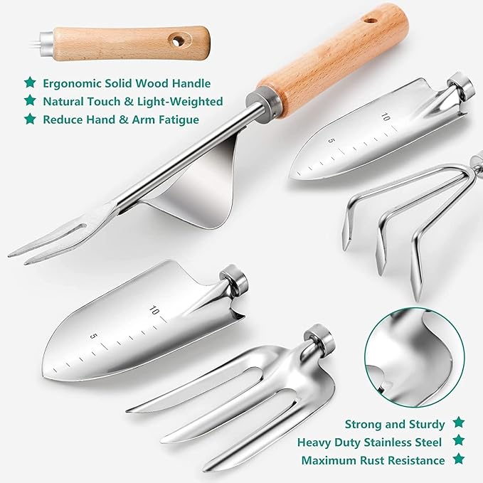 Gardening Tools 9-Piece Heavy Duty Garden Hand Tools with Fashion and Durable Garden Tools Organizer Handbag, Rust-Proof Garden Tool Set, Ideal Gardening Gifts for Women